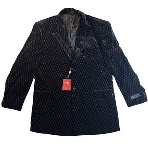 Vintage IL Canto Italian Designer Black Velvet Diamond Pattern Blazer Men's‎ 46R